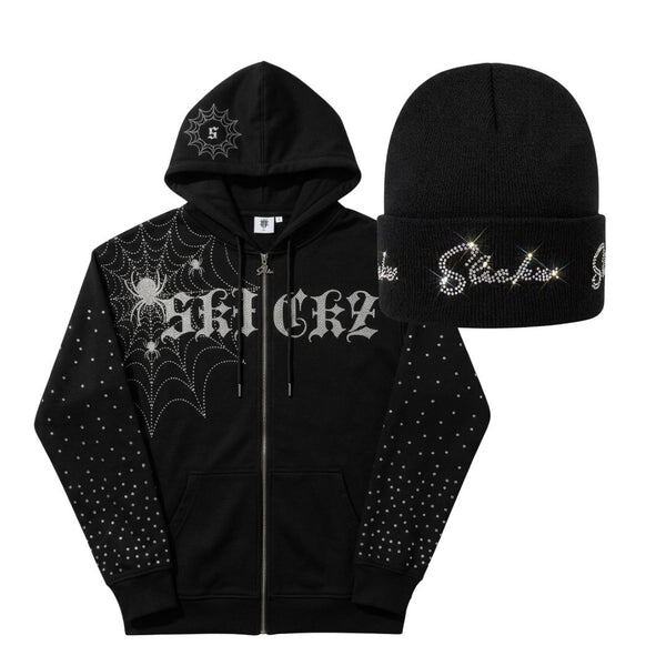 SLICKZ Studded Spider Web Hoodie + Beanie Combo