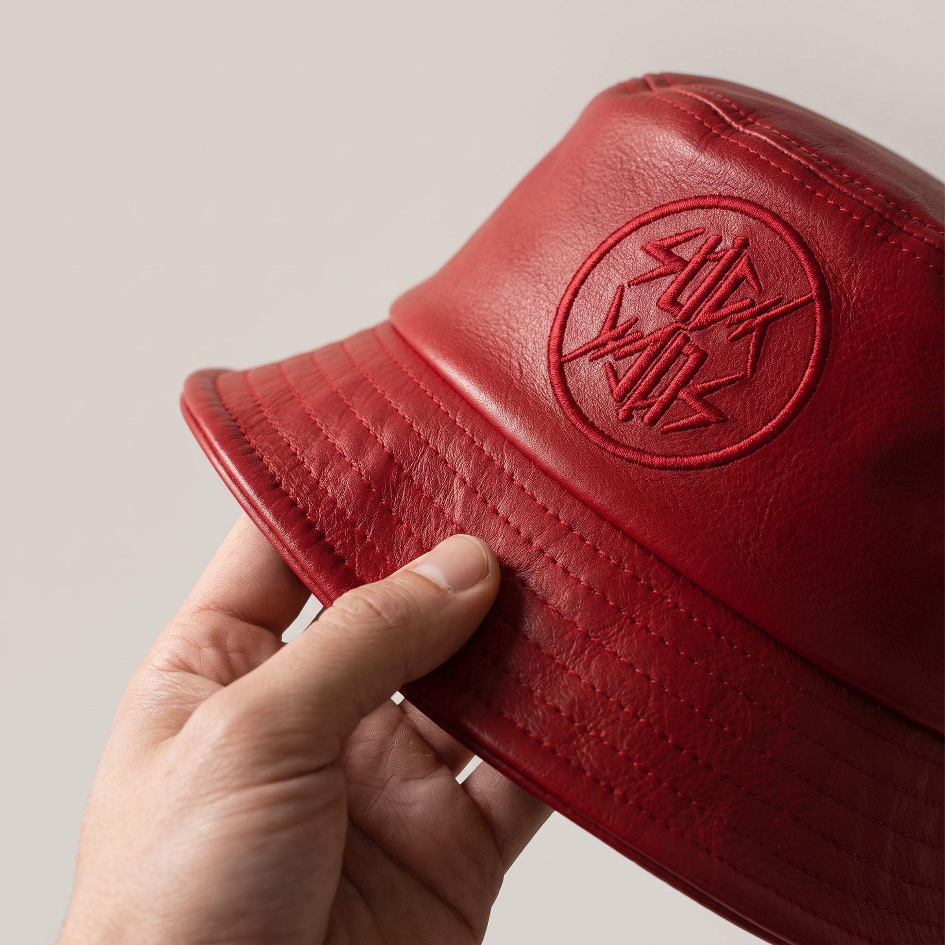Photorealistic product detail photograph for Nothing But Goodz. Intimate close-up of the red butter-soft leather bucket 