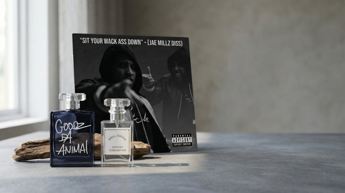 nothing but goodz — CTA banner featuring premium cologne collection with lifestyle context