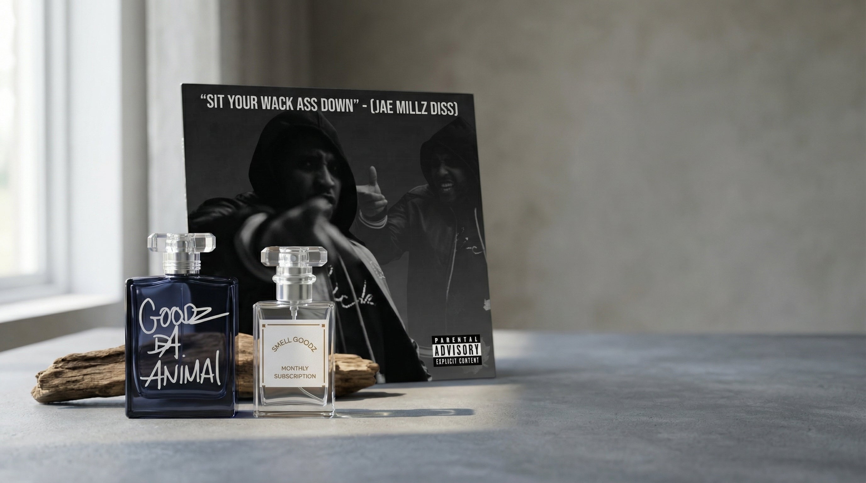 nothing but goodz — CTA banner featuring premium cologne collection with lifestyle context